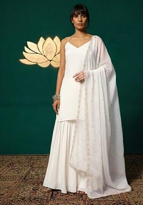 Off White Solid Chinon Sharara Set