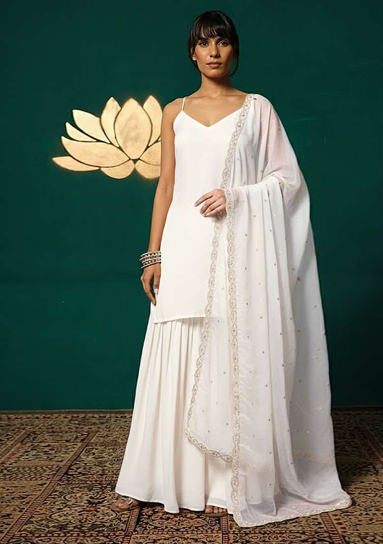 Off White Solid Chinon Sharara Set - Indya