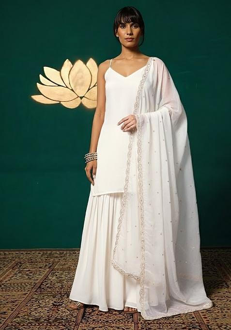 Off White Solid Chinon Sharara Set