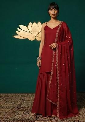 Deep Red Solid Chinon Sharara Set