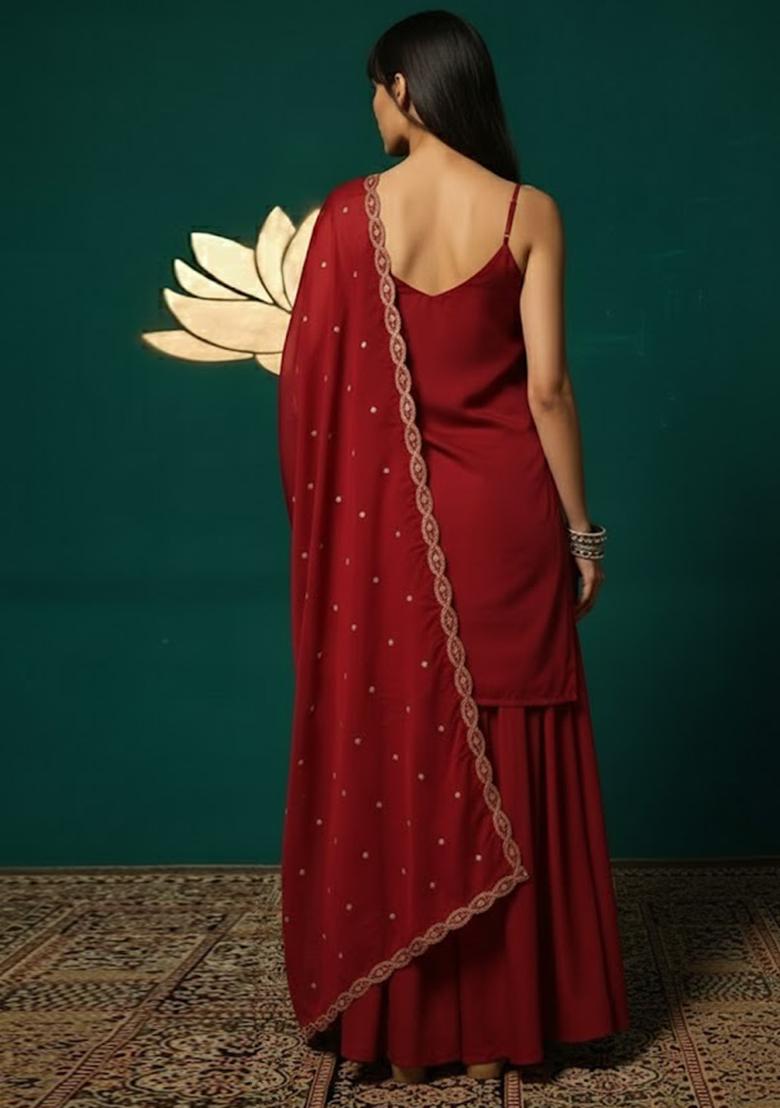 Deep Red Solid Chinon Sharara Set - Indya