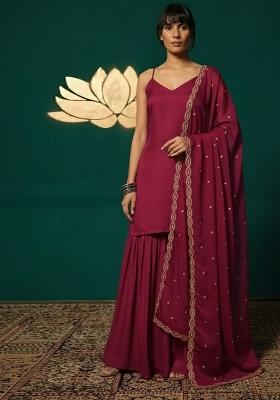 Maroon Solid Chinon Sharara Set