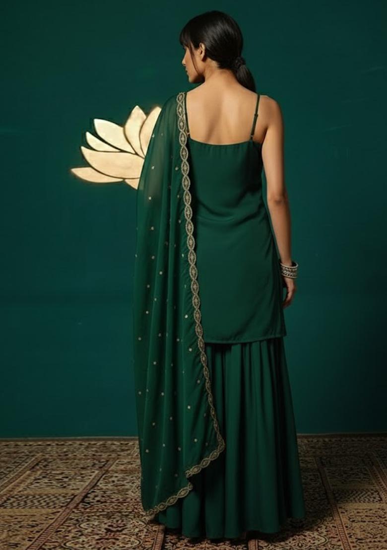 Dark Green Solid Chinon Sharara Set - Indya