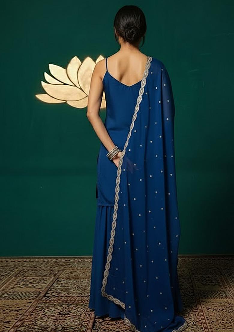 Navy Blue Solid Chinon Sharara Set - Indya