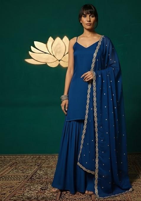 Navy Blue Solid Chinon Sharara Set