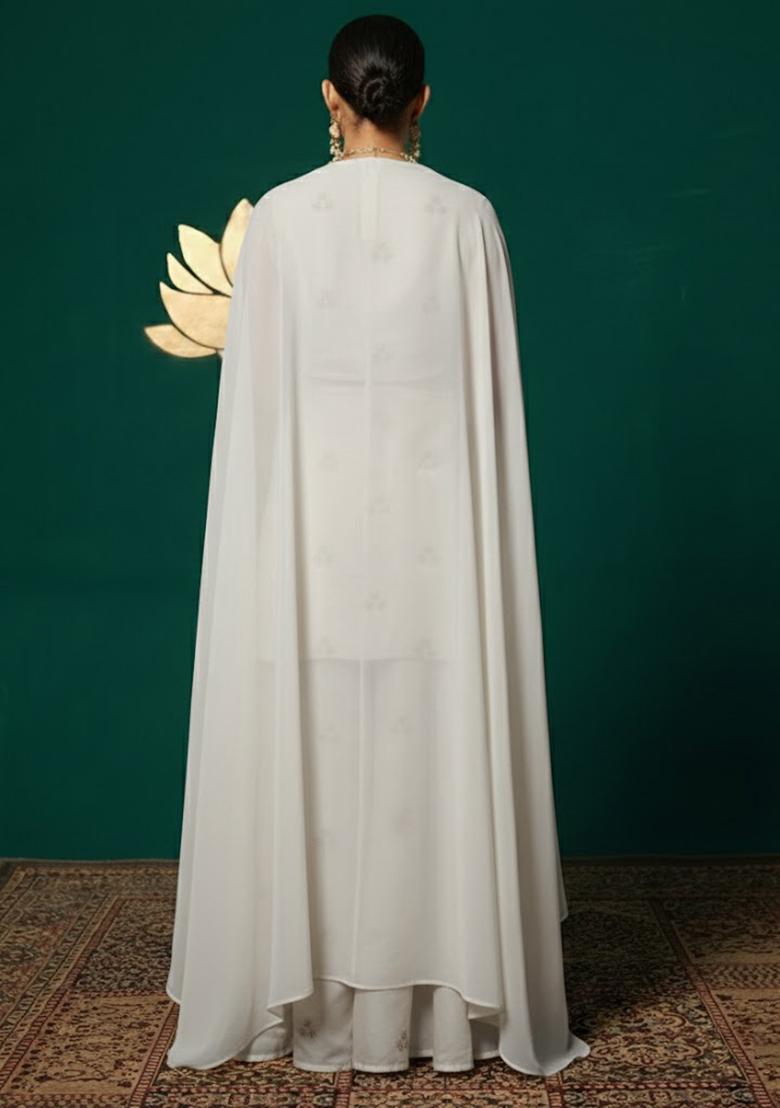 Off White Embroidered Silk Sharara Set - Indya