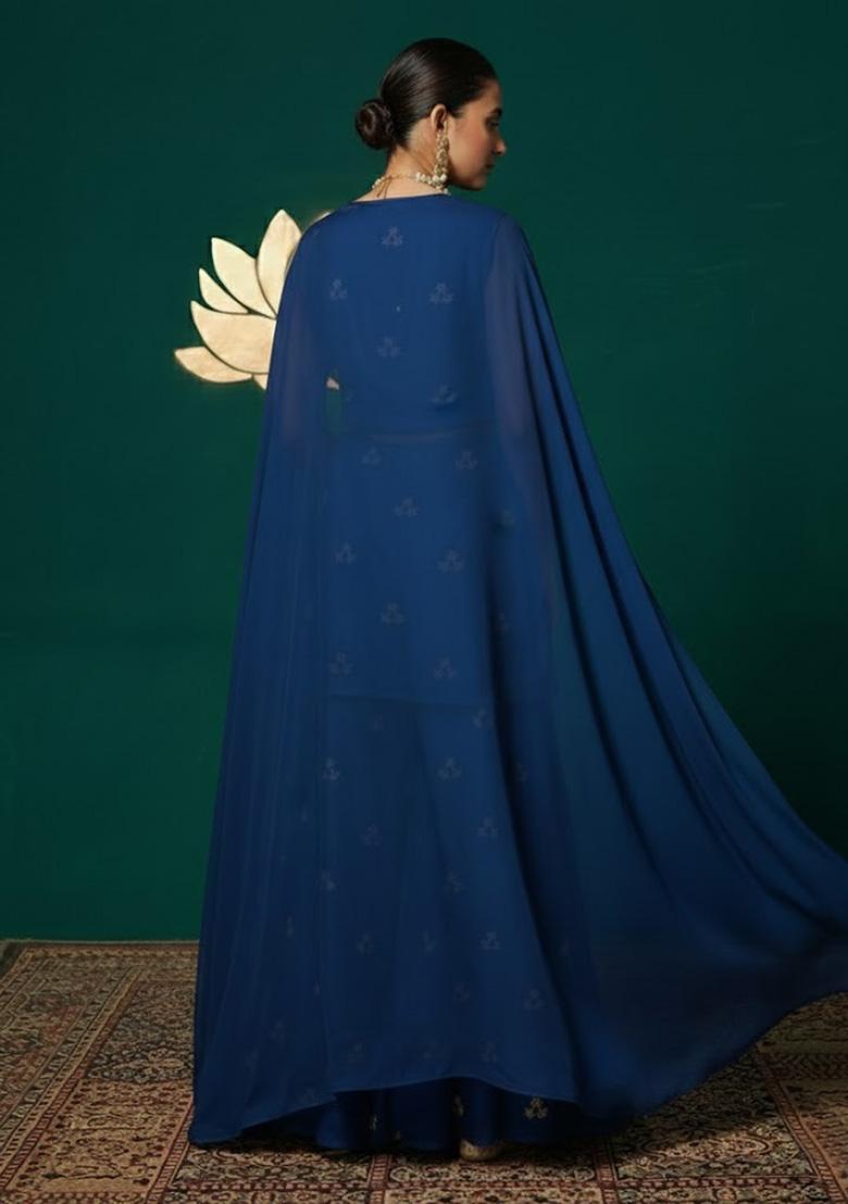 Navy Blue Embroidered Silk Sharara Set - Indya