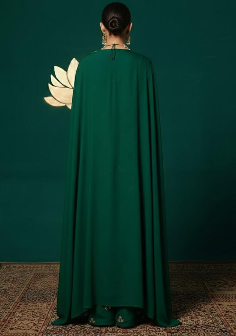 Bottle Green Embroidered Silk Sharara Set - Indya