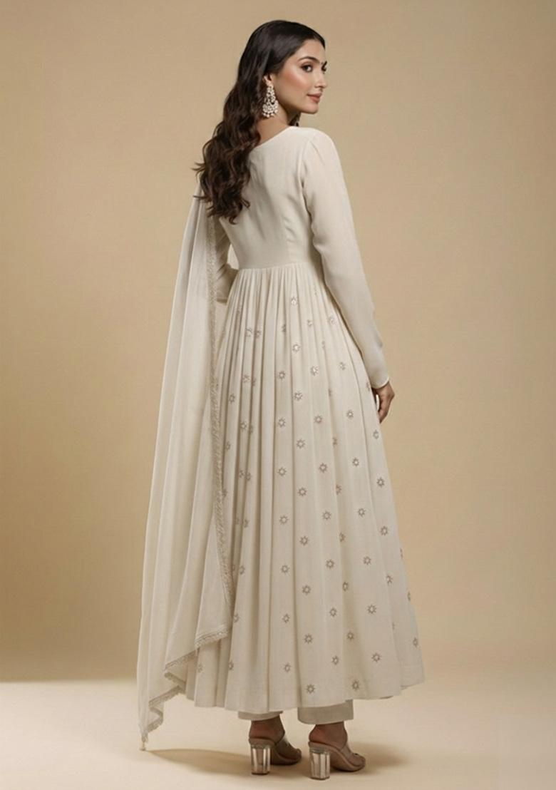 Cream Embroidered Silk Anarkali Set  - Indya