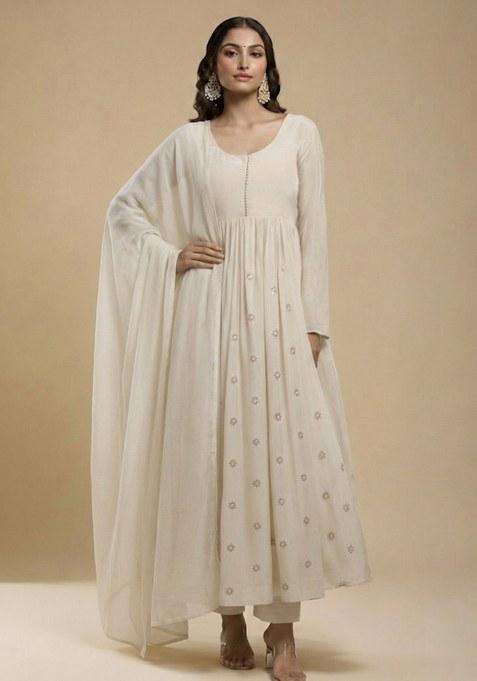 Cream Embroidered Silk Anarkali Set 