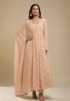 Peach Embroidered Silk Anarkali Set 