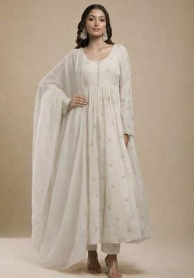 Off White Embroidered Silk Anarkali Set 