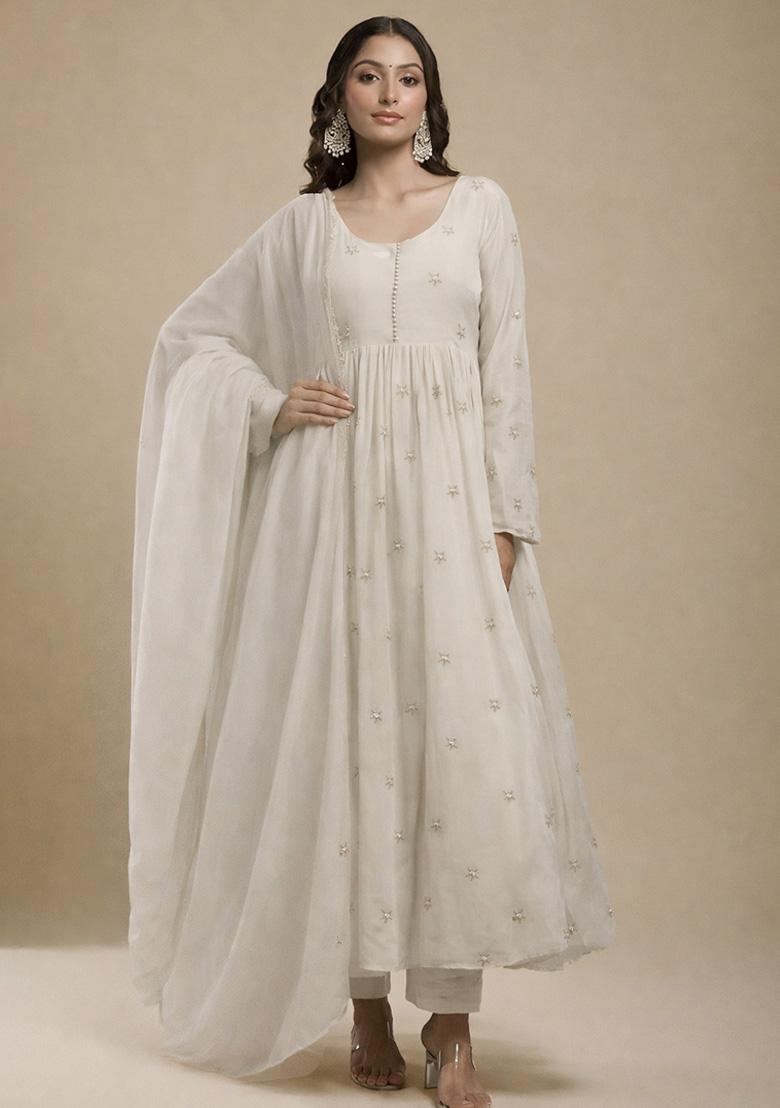 Off White Embroidered Silk Anarkali Set - Indya