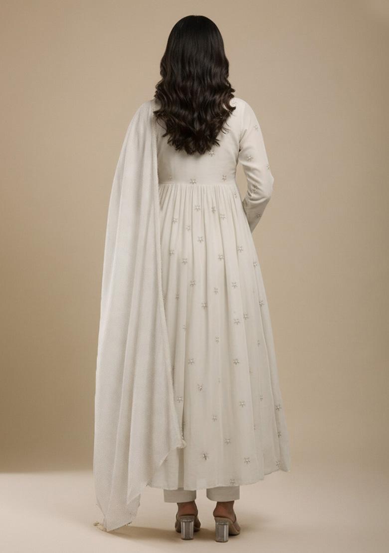 Off White Embroidered Silk Anarkali Set  - Indya