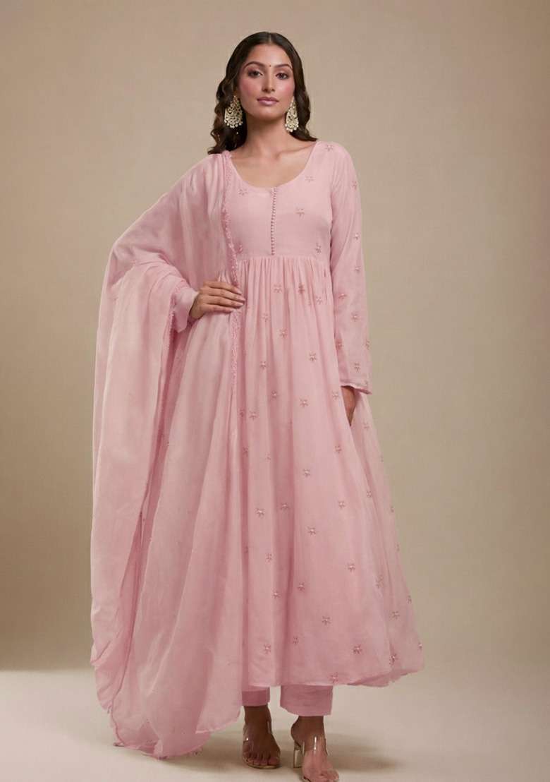 Baby Pink Embroidered Silk Anarkali Set  - Indya