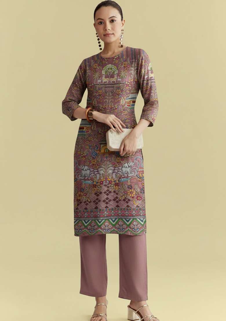 Dusty Pink Printed Crepe Straight Kurta Set - Indya