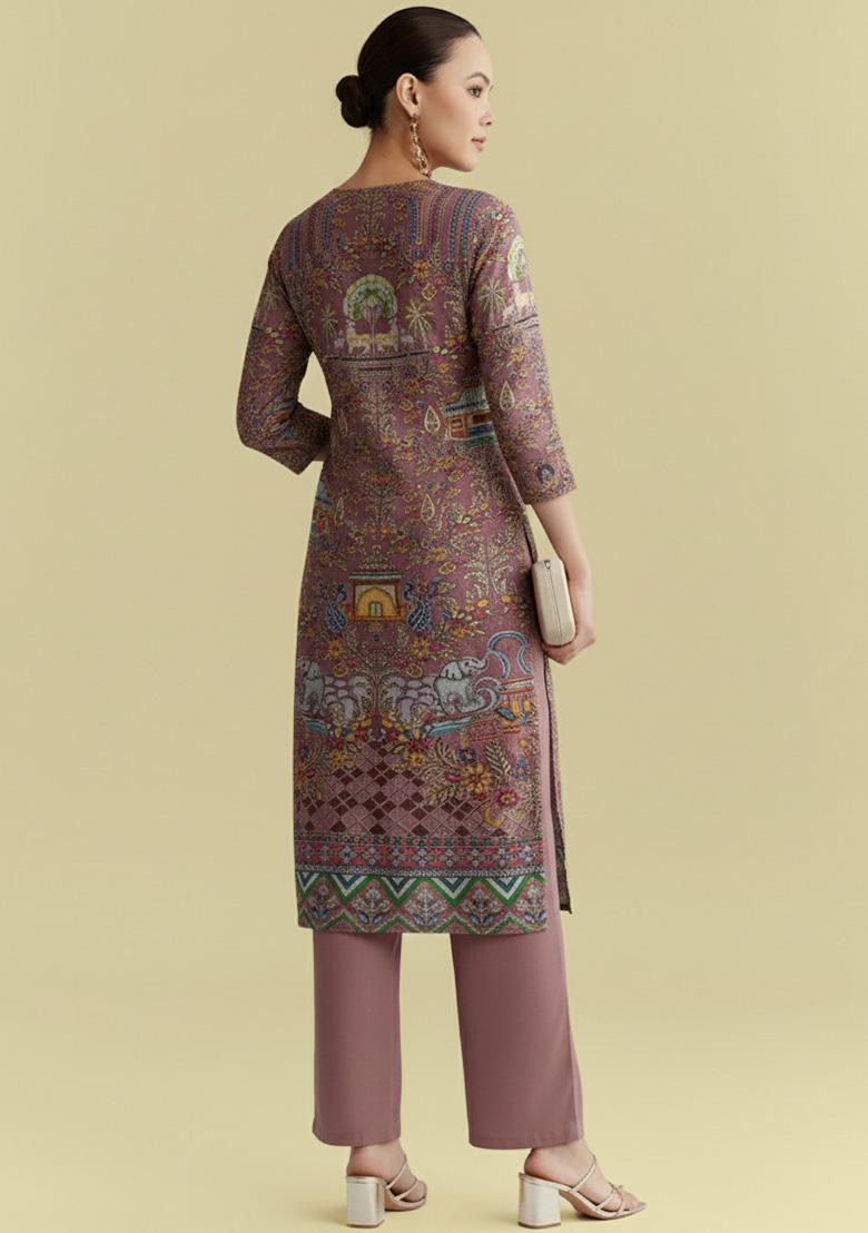 Dusty Pink Figure Print Crepe Kurta Set - Indya