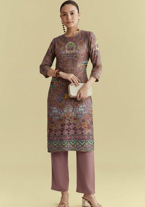 Dusty Pink Printed Crepe Straight Kurta Set