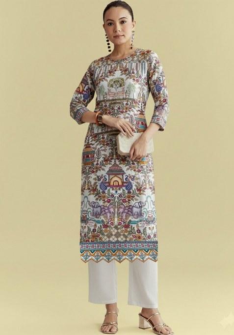 Ivory Printed Crepe Straight Kurta Set