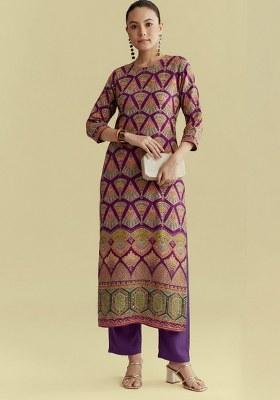 Purple Embroidered Crepe Kurta Set