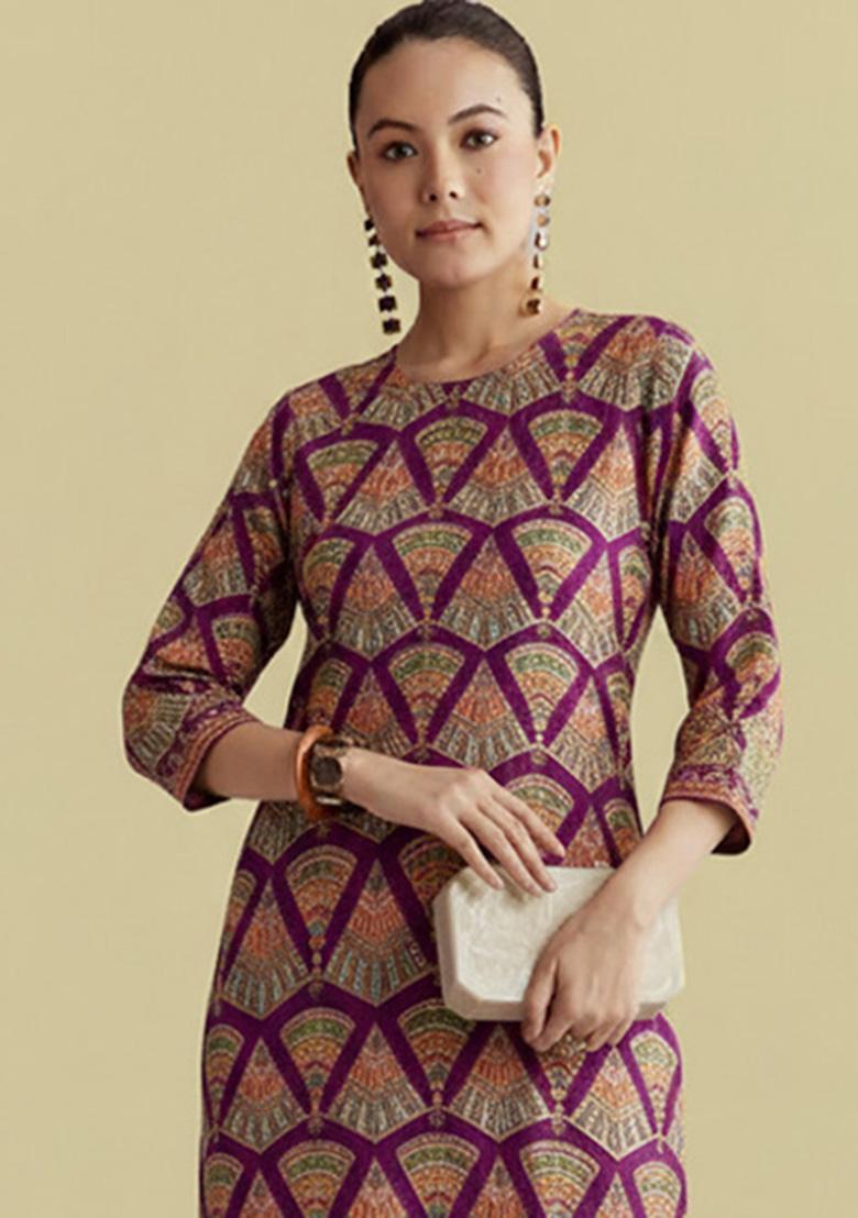 Purple Embroidered Crepe Kurta Set - Indya