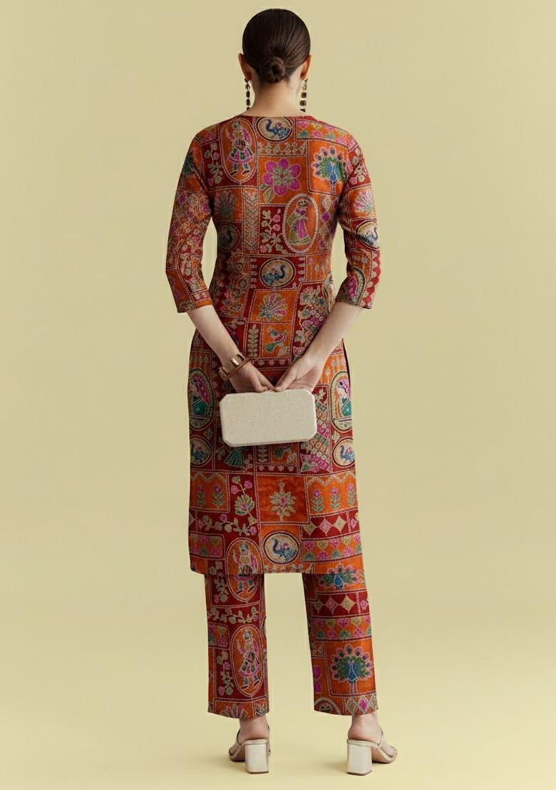 Rust Figure Print Crepe Kurta Set - Indya