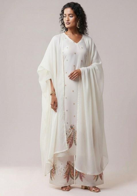 Ivory Embroidered Silk Straight Kurta Set