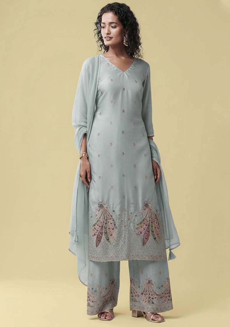 Ice Blue Embroidered Silk Blend Straight Kurta Set - Indya