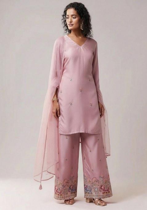 Baby Pink Embroidered Silk Straight Kurta Set