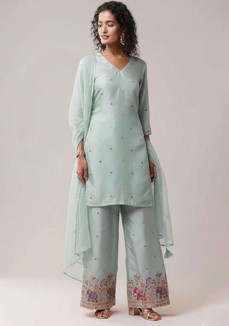 Powder Blue Embroidered Silk Blend Straight Kurta Set - Indya
