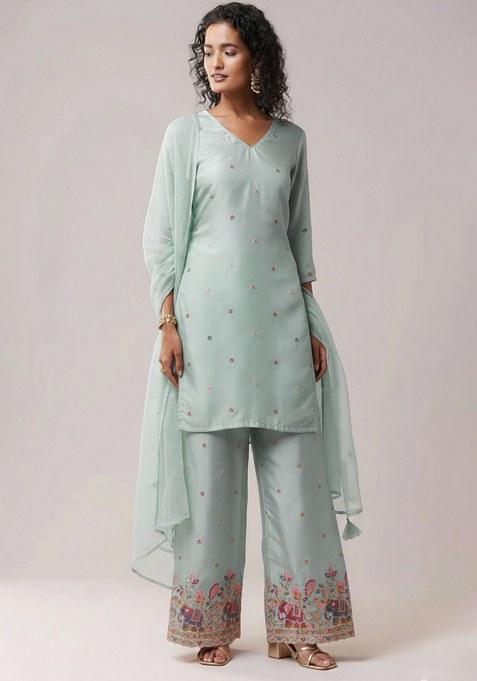 Powder Blue Embroidered Silk Straight Kurta Set