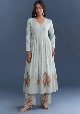 Ice Blue Embroidered Silk Anarkali Set