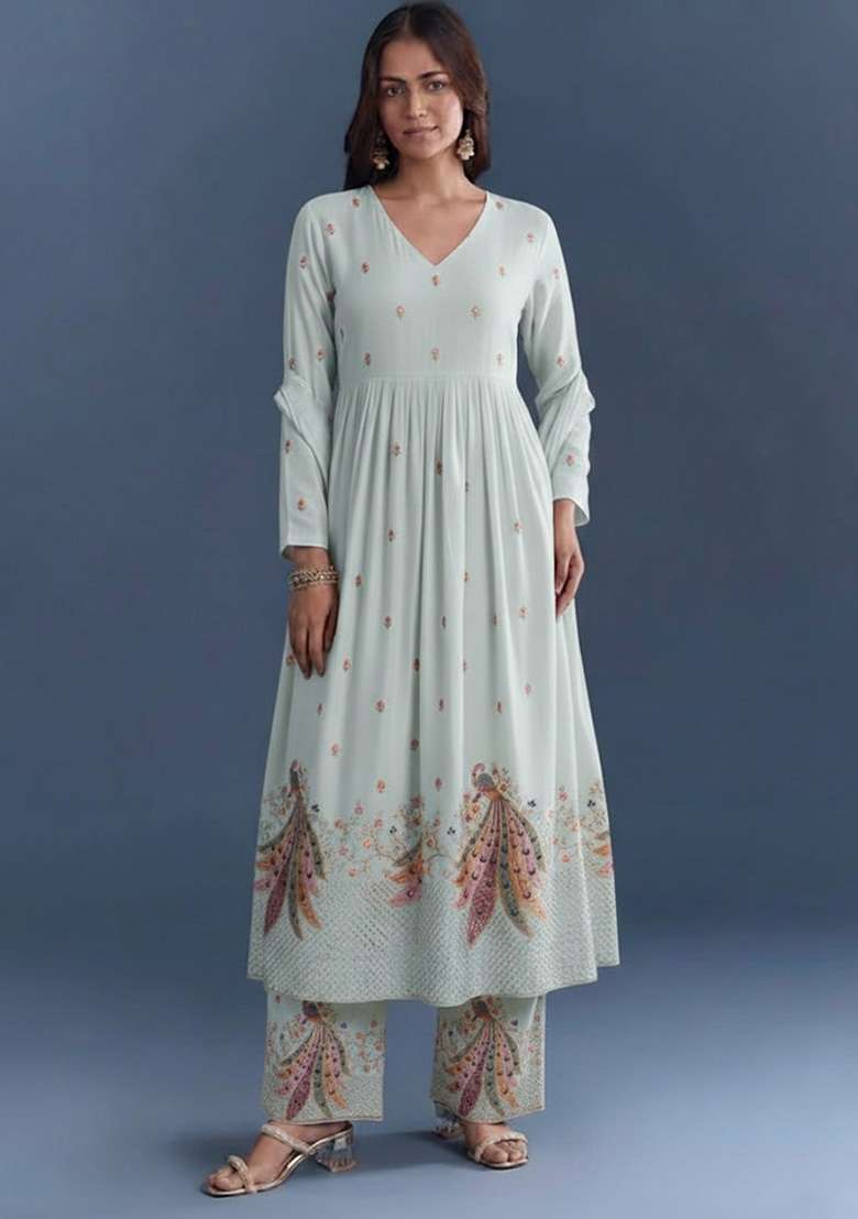 Ice Blue Embroidered Silk Anarkali Set - Indya