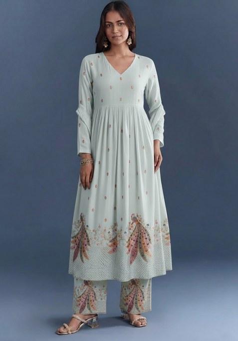 Ice Blue Embroidered Silk Anarkali Set