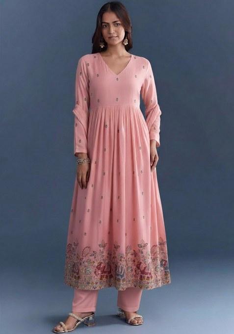 Pink Embroidered Silk Anarkali Set