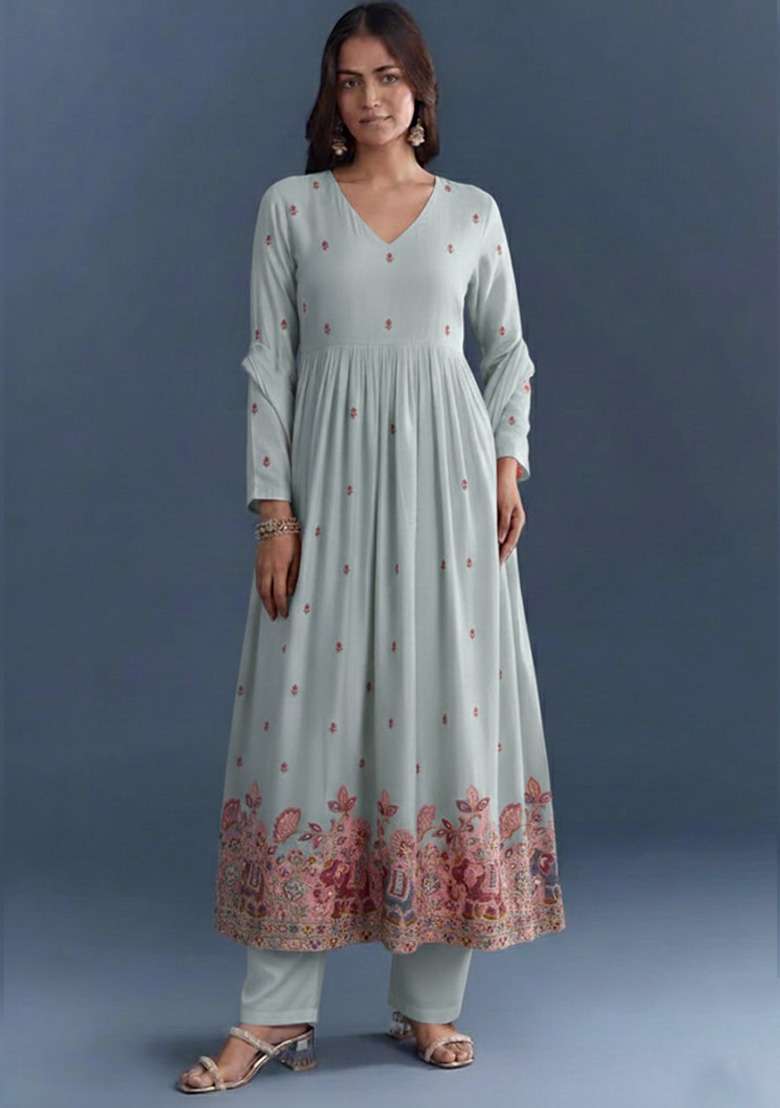 Powder Blue Embroidered Silk Anarkali Set - Indya