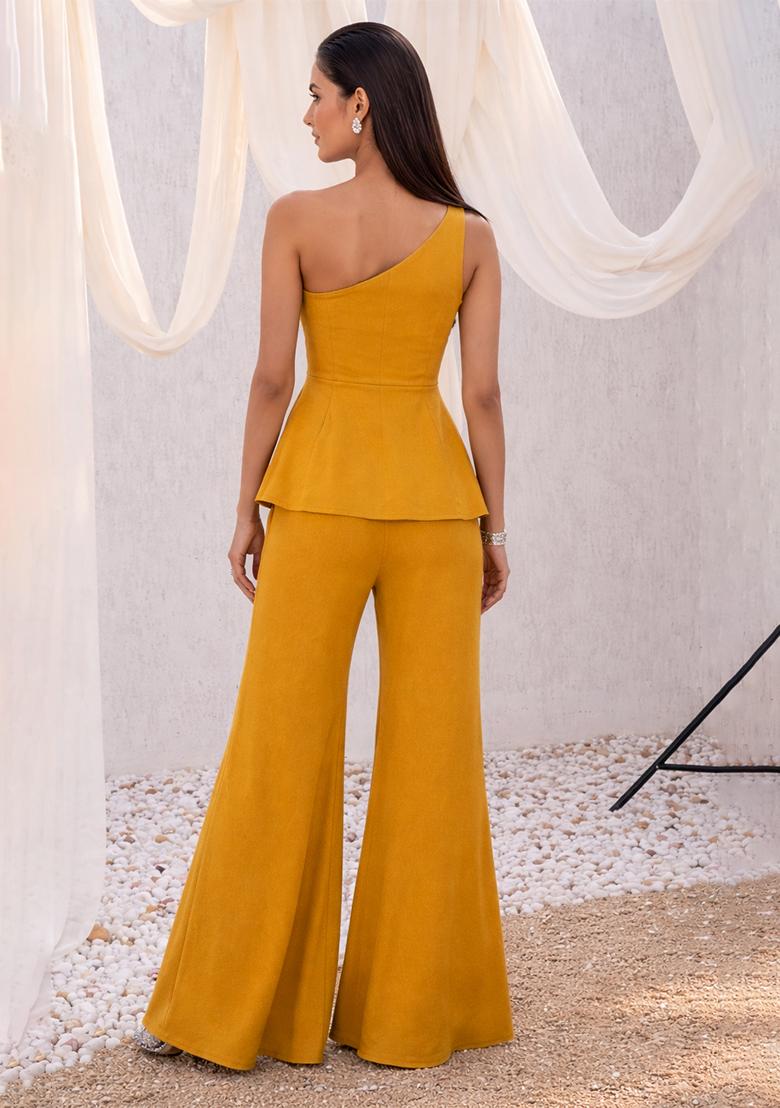 Mustard Embroidered Crepe Sharara Set - Indya