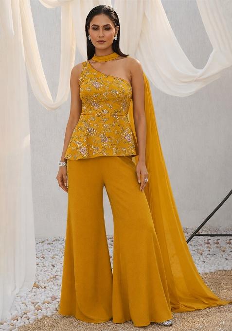 Mustard Embroidered Crepe Sharara Set