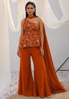 Rust Embroidered Crepe Sharara Set