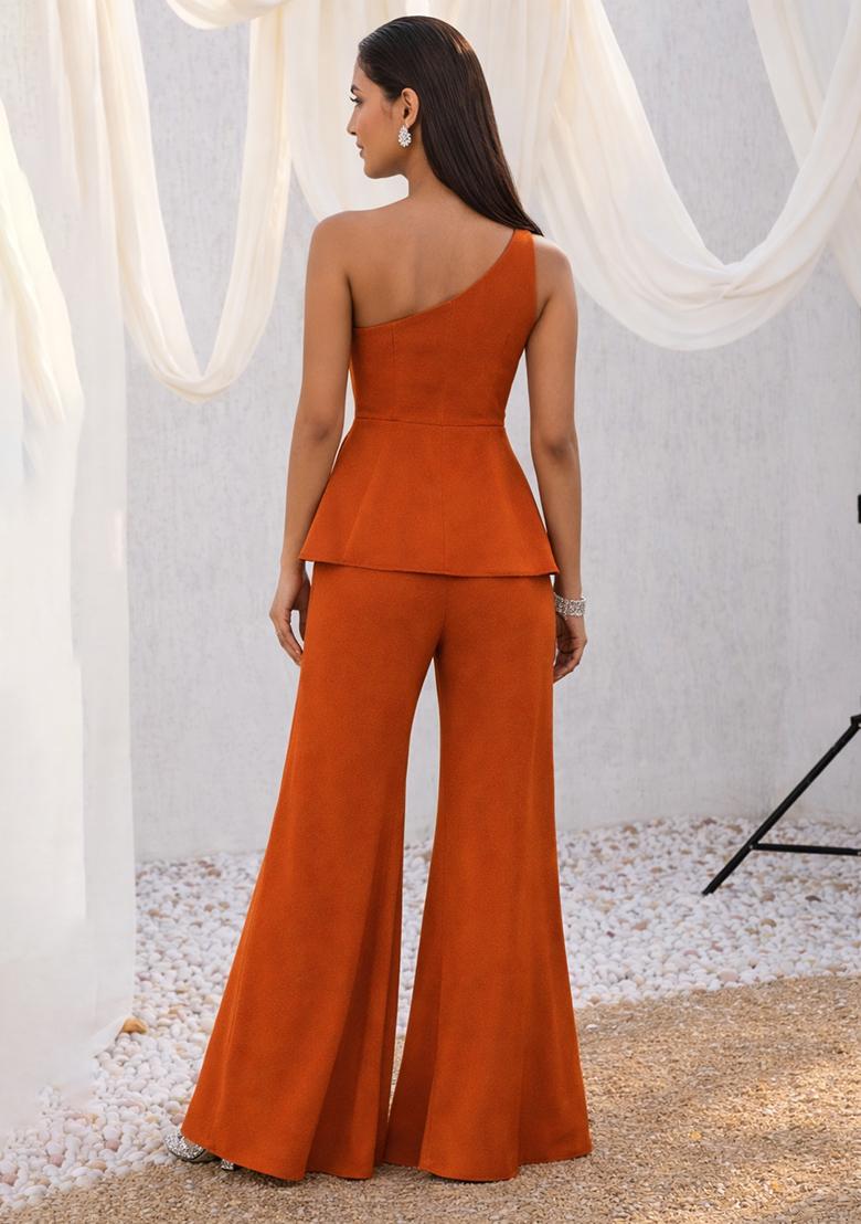 Rust Embroidered Crepe Sharara Set - Indya