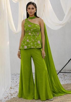 Leaf Green Embroidered Crepe Sharara Set