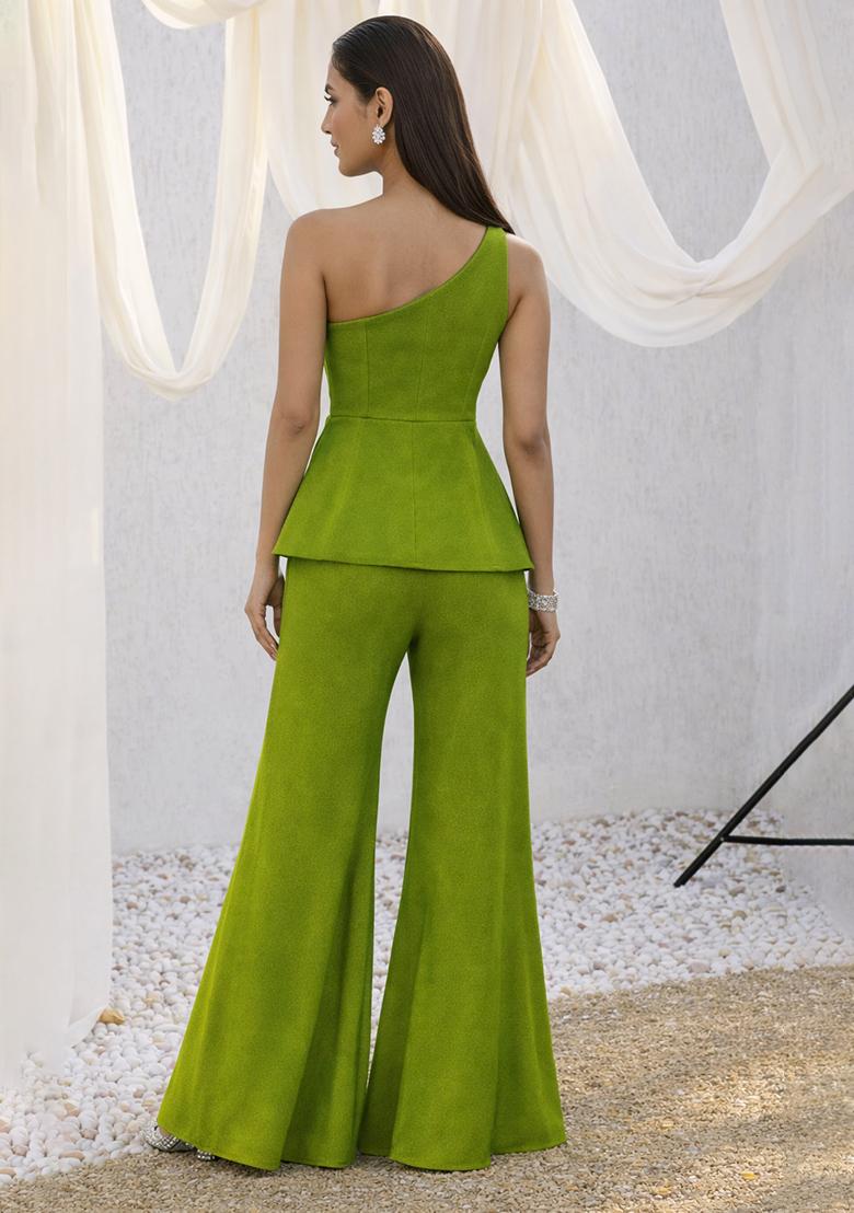 Leaf Green Embroidered Crepe Sharara Set - Indya