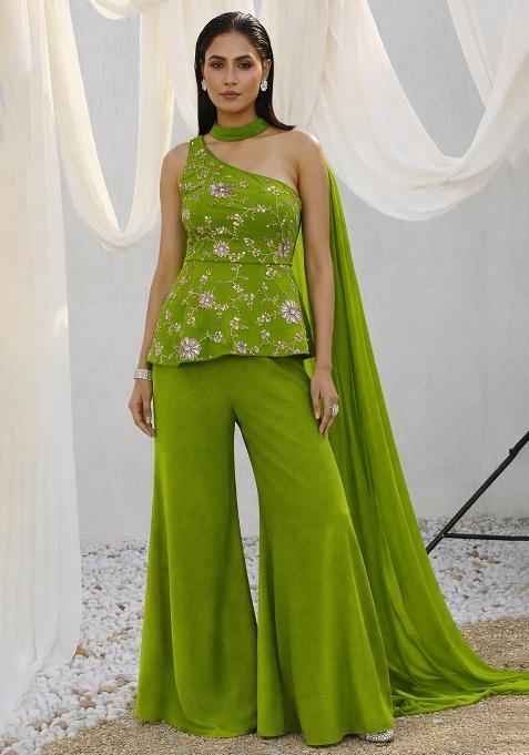 Leaf Green Embroidered Crepe Sharara Set