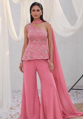Baby Pink Embroidered Crepe Sharara Set