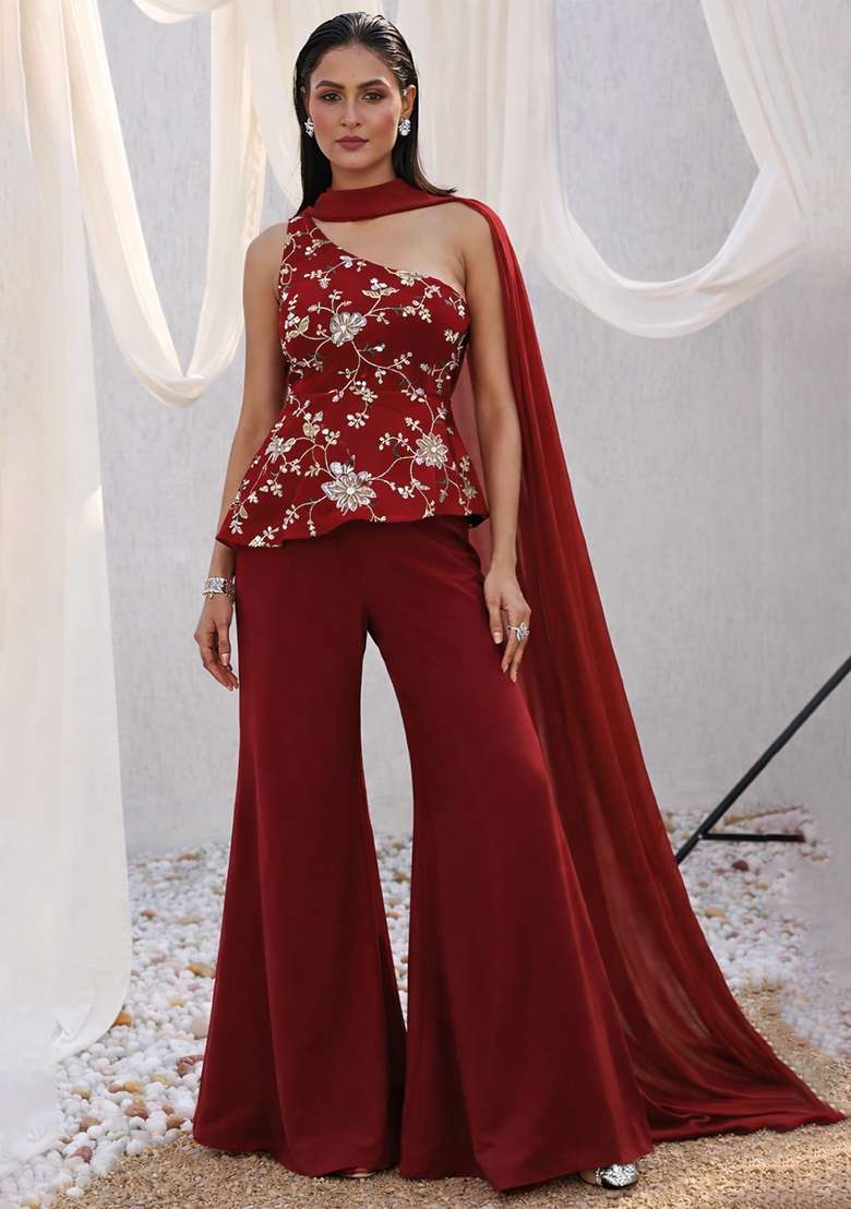 Deep Red Embroidered Crepe Sharara Set - Indya