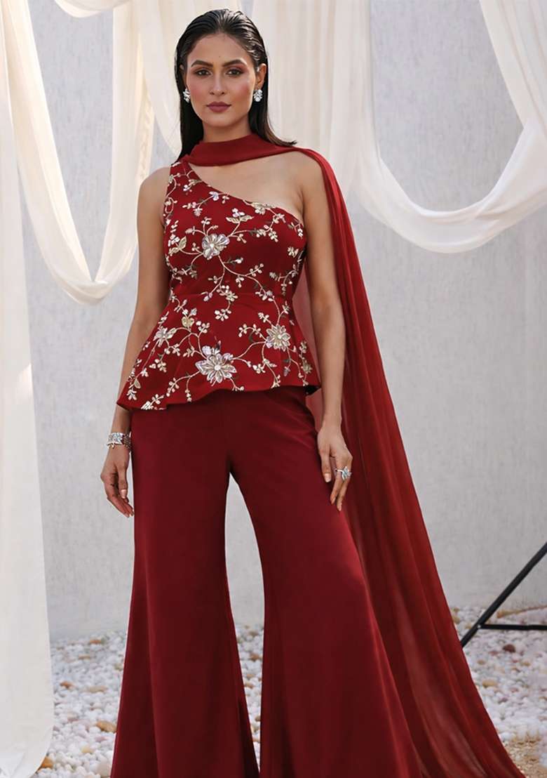 Deep Red Embroidered Crepe Sharara Set - Indya