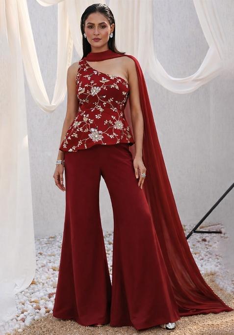 Deep Red Embroidered Crepe Sharara Set