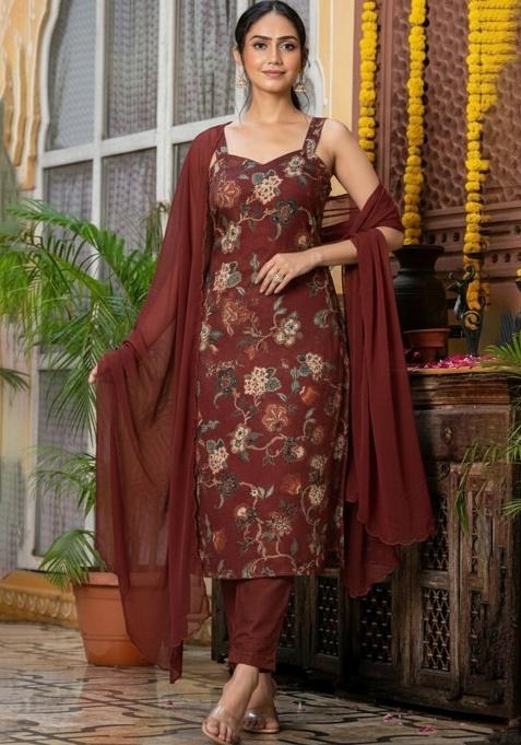 Maroon Floral Print Silk Straight Kurta Set