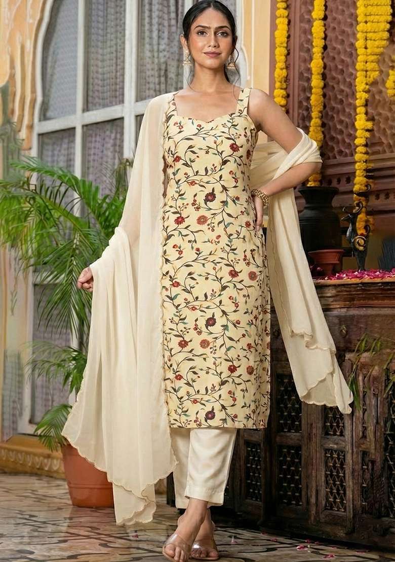 Cream Floral Print Silk Blend Straight Kurta Set - Indya