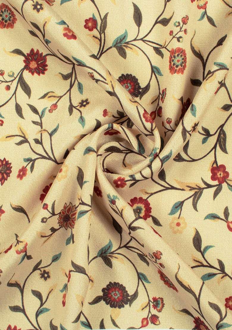 Cream Floral Print Silk Blend Straight Kurta Set - Indya